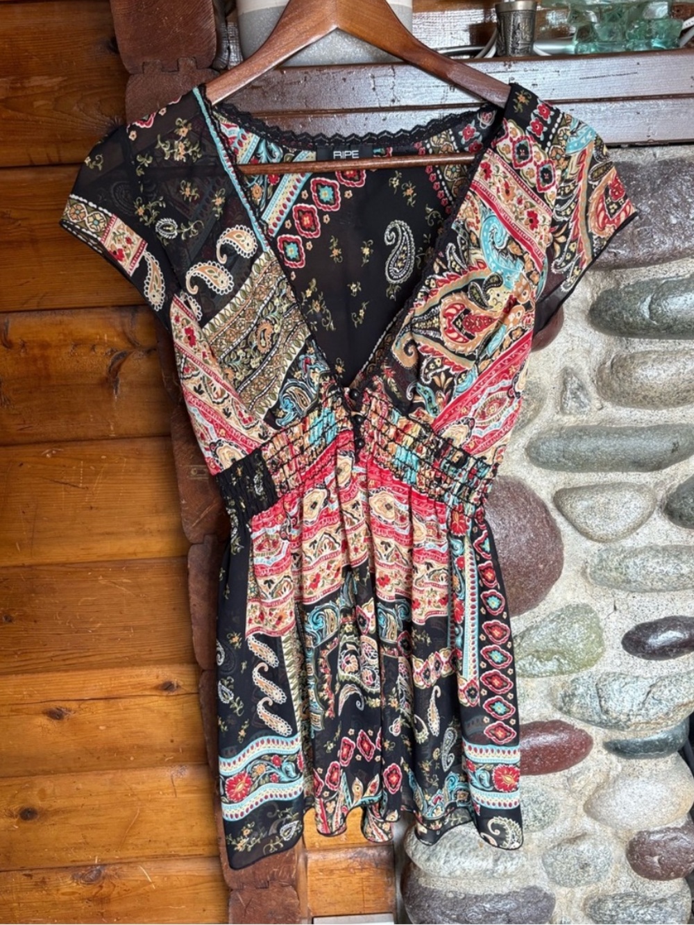 Ripe Maternity Boho Paisley Mini Dress/Shirt Black Red Teal Medium Front Slit
